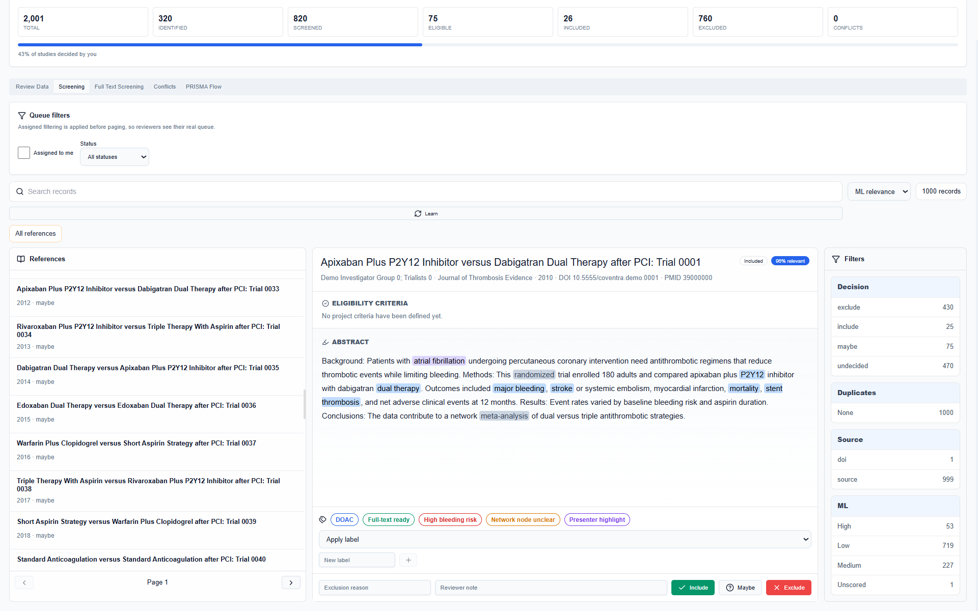 Coventra — screening workspace